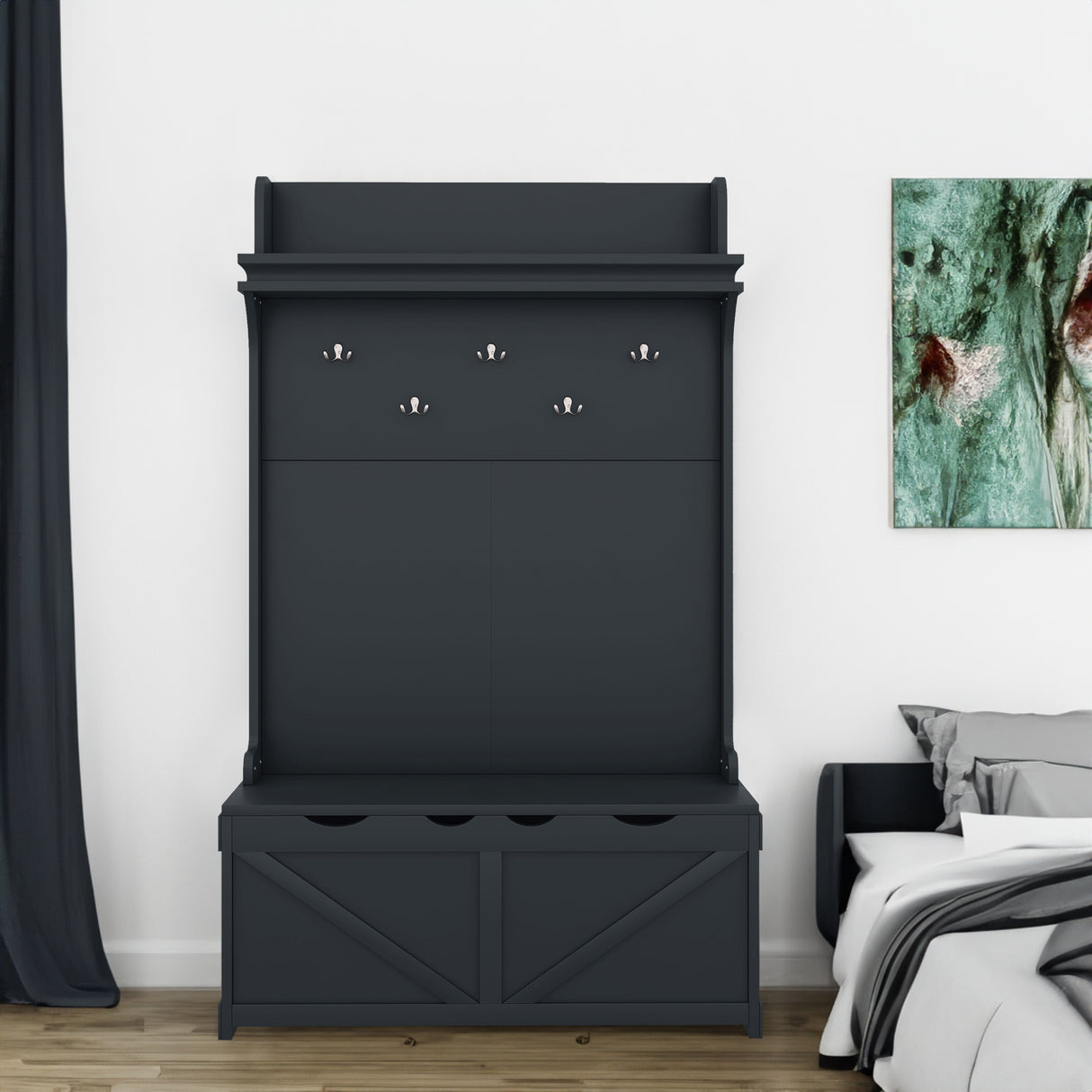 Hall tree with storage desk, entrance desk with drawers and 5 hooks, display rack, dark blue - V.I.P Digital Presence