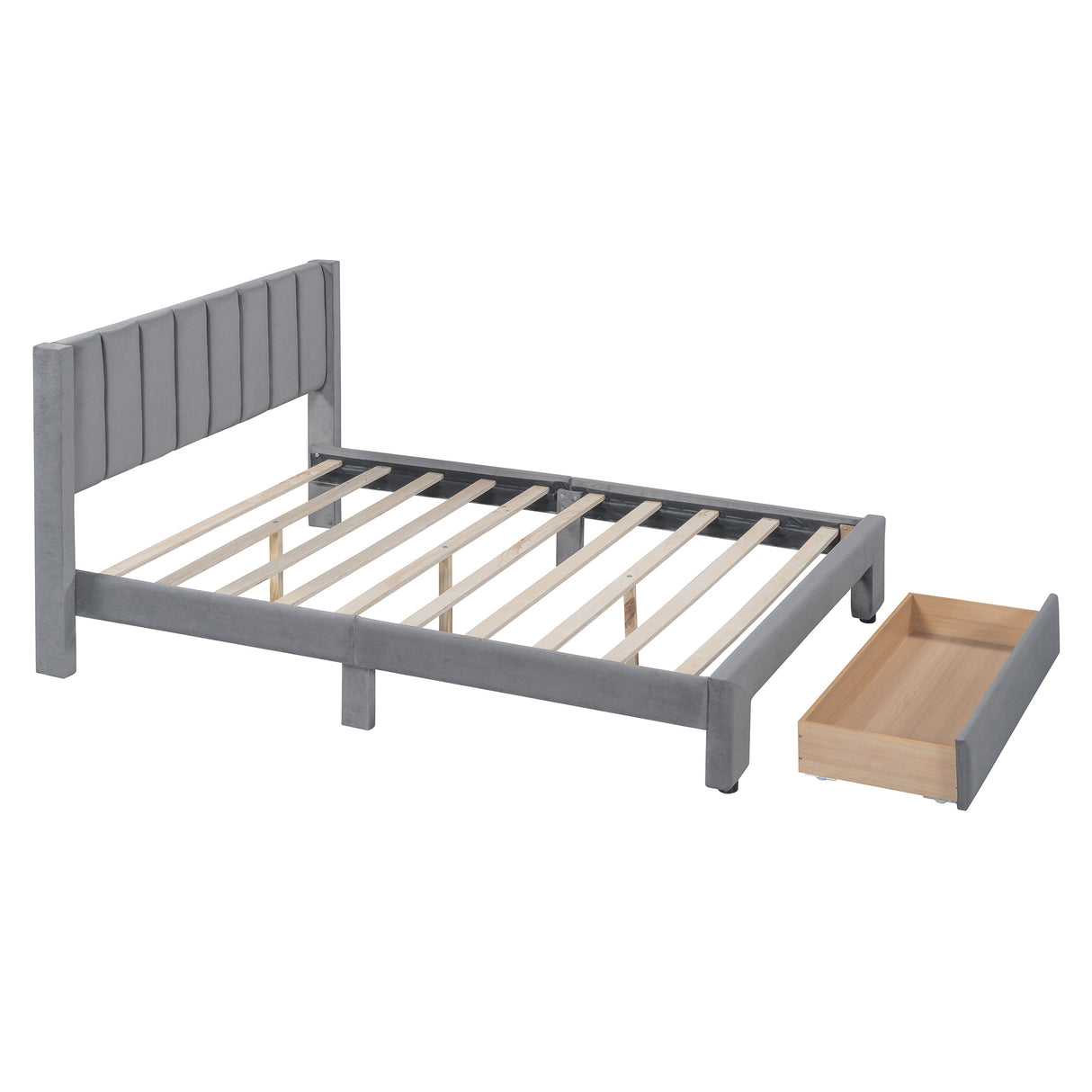 Full Size Storage Bed Velvet Upholstered Platform Bed with a Big Drawer - Gray - V.I.P Digital Presence
