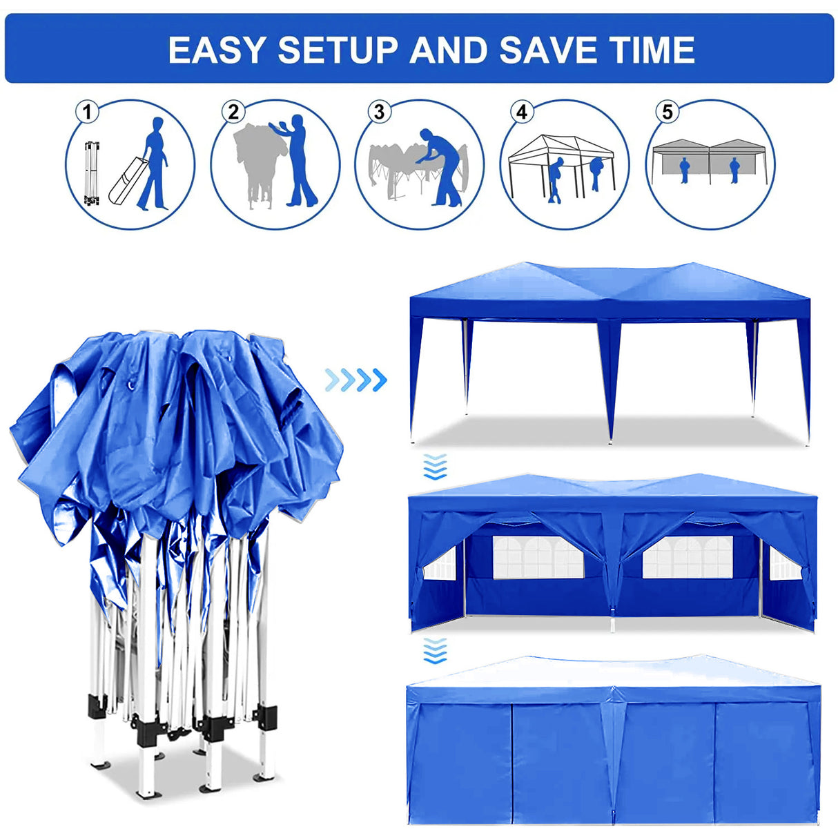 10'x20 'folding canopy with 6 detachable side walls outdoor activity shelters UPF 50+terrace portable tent (blue) - V.I.P Digital Presence