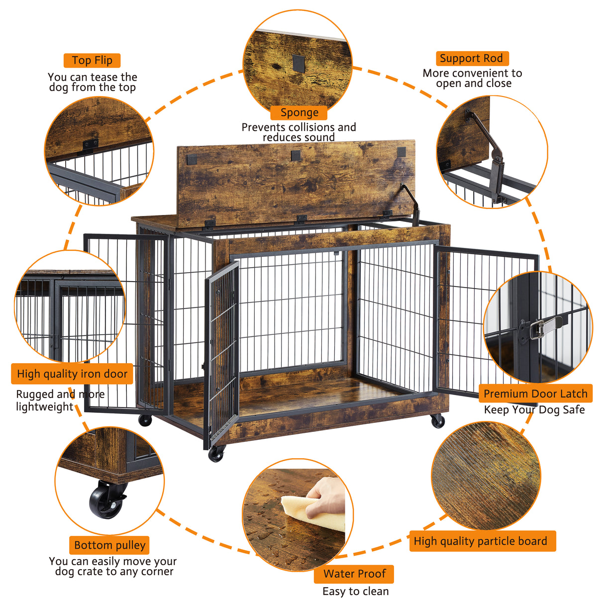 Furniture Dog Cage Crate with Double Doors, Rustic Brown, 38.58'' W x 25.2'' D x 27.17'' H - V.I.P Digital Presence