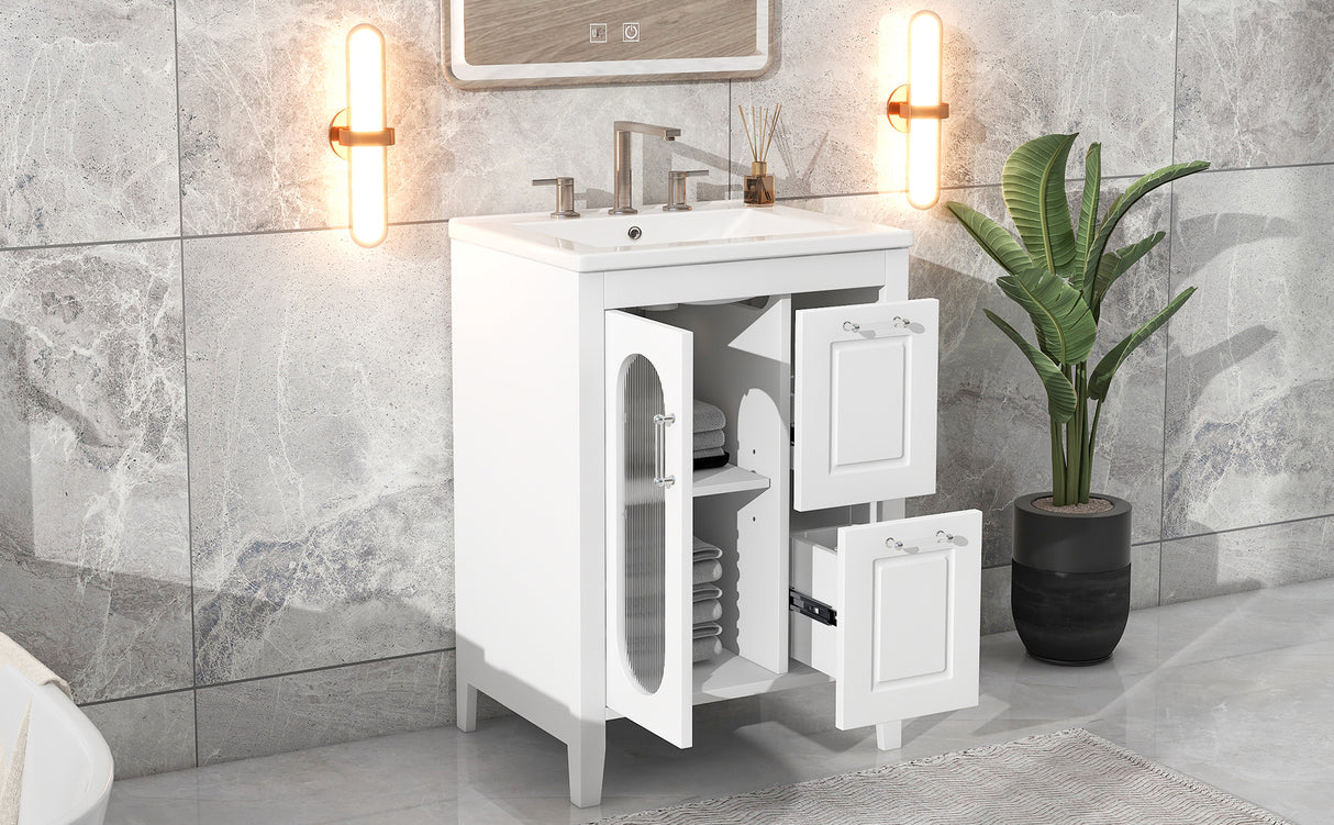 24" Bathroom Vanity with Sink, Bathroom Vanity Cabinet with Two Drawers and Door, Adjustable Shelf, Solid Wood and MDF, White - V.I.P Digital Presence