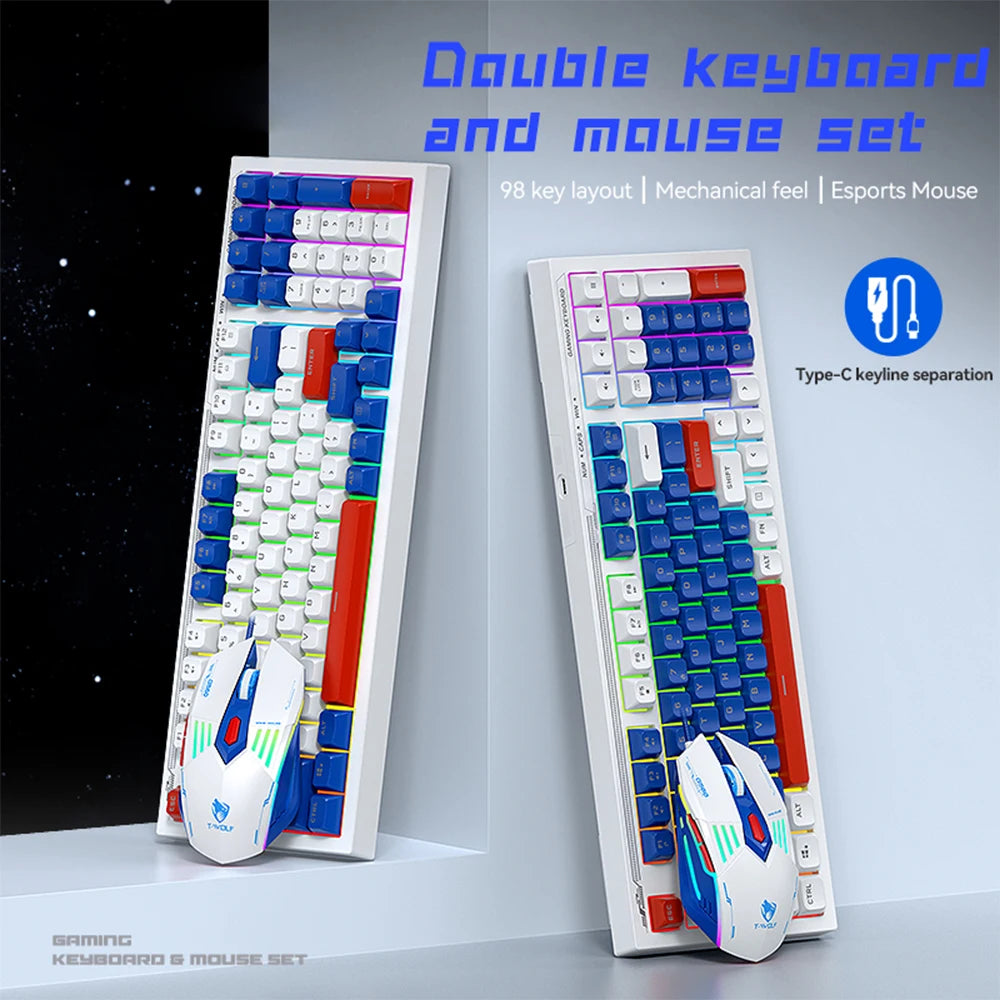 T-WOLF TF610 Keyboard and Mouse Game Keyboard and Mouse Set Mech Style Wired Esports Double Color White and Blue - V.I.P Digital Presence