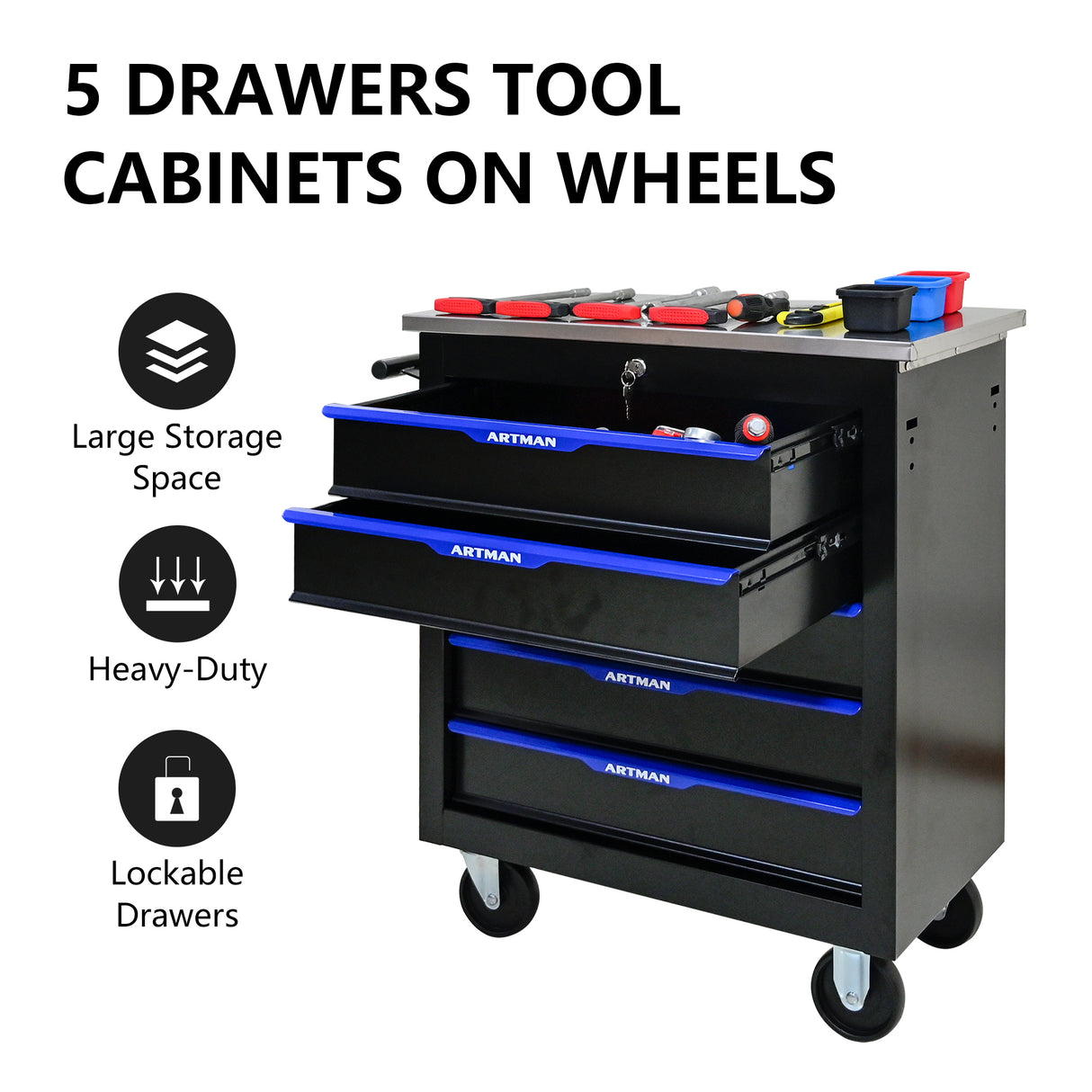 5 DRAWERS MULTIFUNCTIONAL TOOL CART WITH WHEELS-BLACK+BLUE - V.I.P Digital Presence