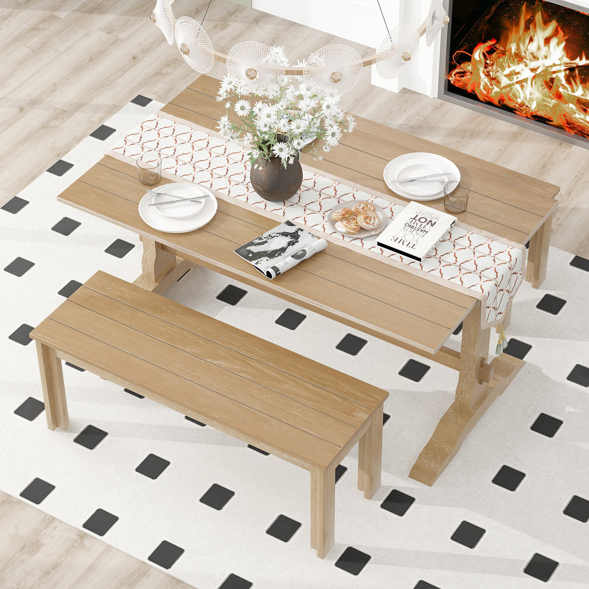 TREXM 3-piece retro dining table, rectangular stand table, and 2 4-person wooden stools (made of natural wood) - V.I.P Digital Presence