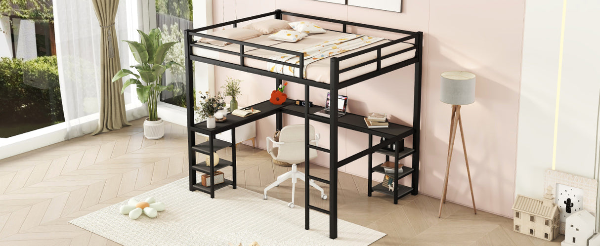 All metal loft bed with desk and shelf, loft bed with ladder and guardrail, black with black desk - V.I.P Digital Presence