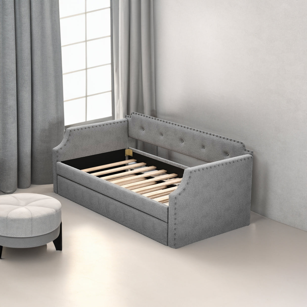 Upholstered Daybed with Trundle, Wood Slat Support,Upholstered Frame Sofa Bed Twin Gray