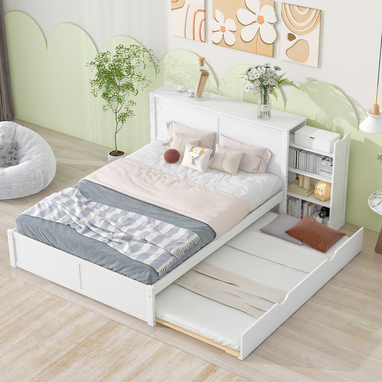 Queen Size Storage Platform Bed with Pull Out Shelves and Twin XL Size Trundle White