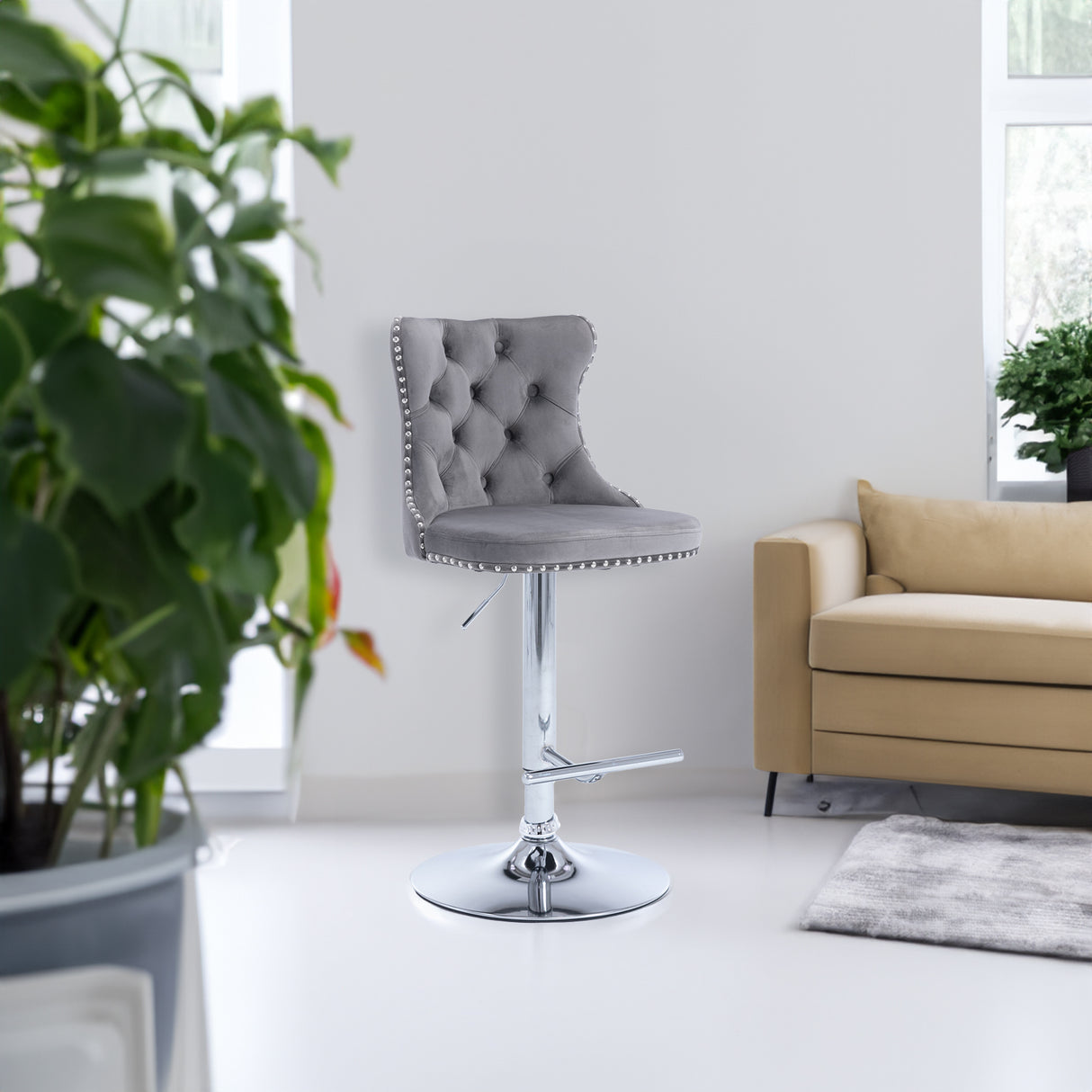 (Gray,Set of 2) 25-33 Inch, Modern Upholstered Chrome base Bar Stools with Backs Comfortable Tufted for Home Pub and Kitchen