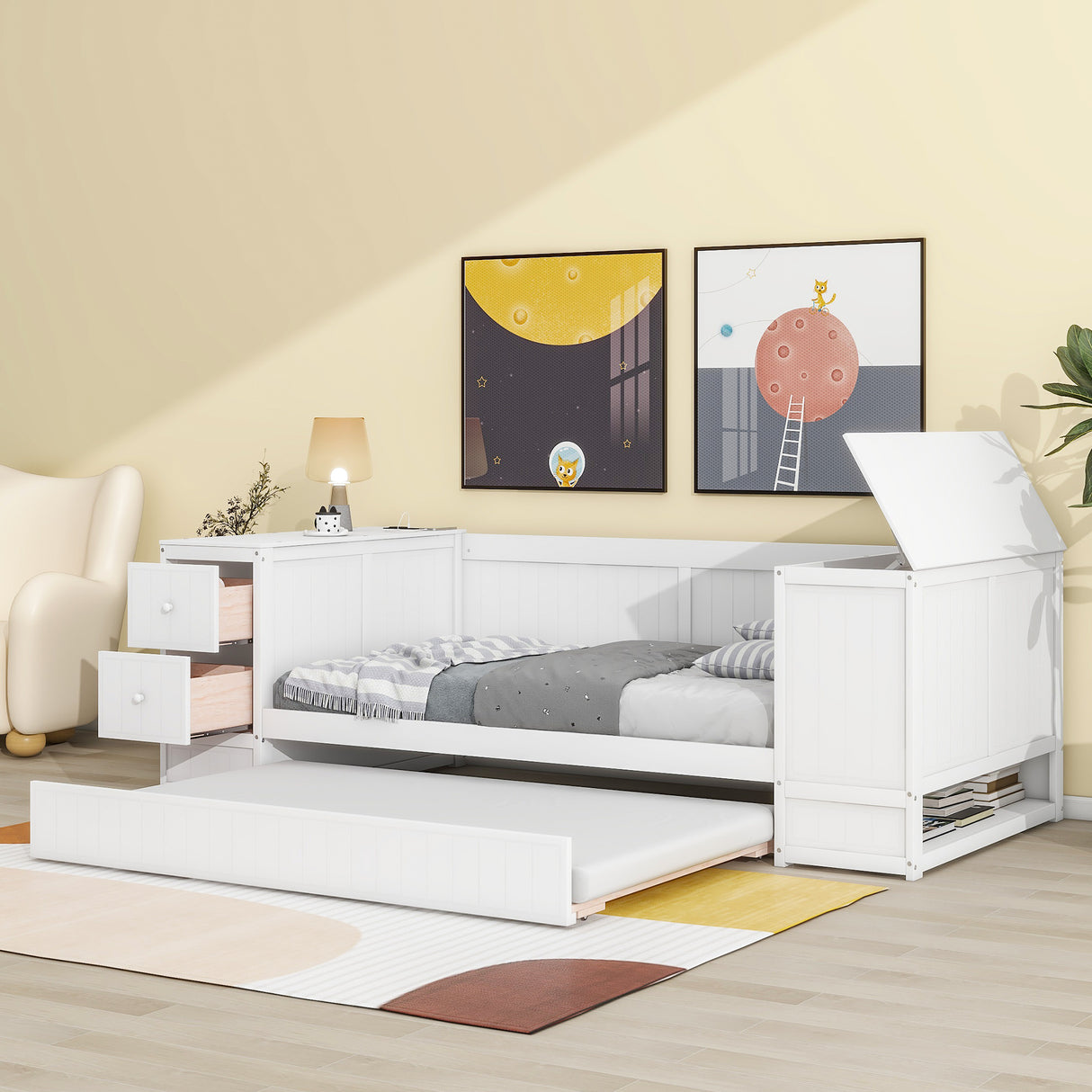 Twin Size Daybed with Storage Arms Trundle and Charging Station White