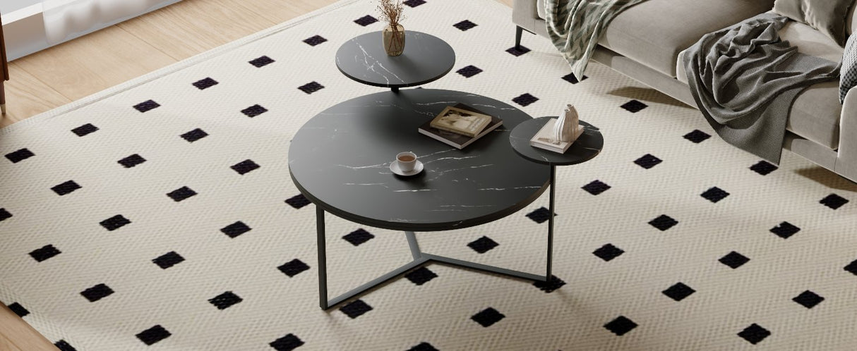 Modern coffee table with two display shelves, Black Faux marble surfaces, Tripod-inspired base,Rounded tabletop edges - V.I.P Digital Presence