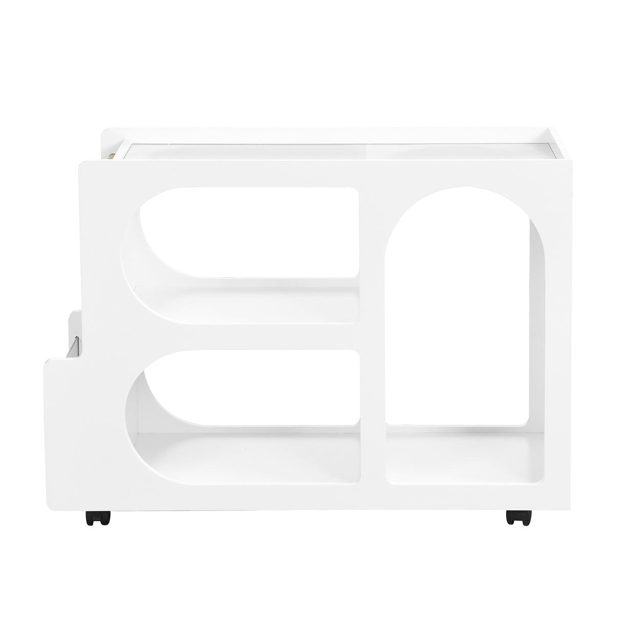 Stylish mobile desk with lockable wheels, white bedside table with 5mm thick grooved tempered glass and gold round bars - V.I.P Digital Presence