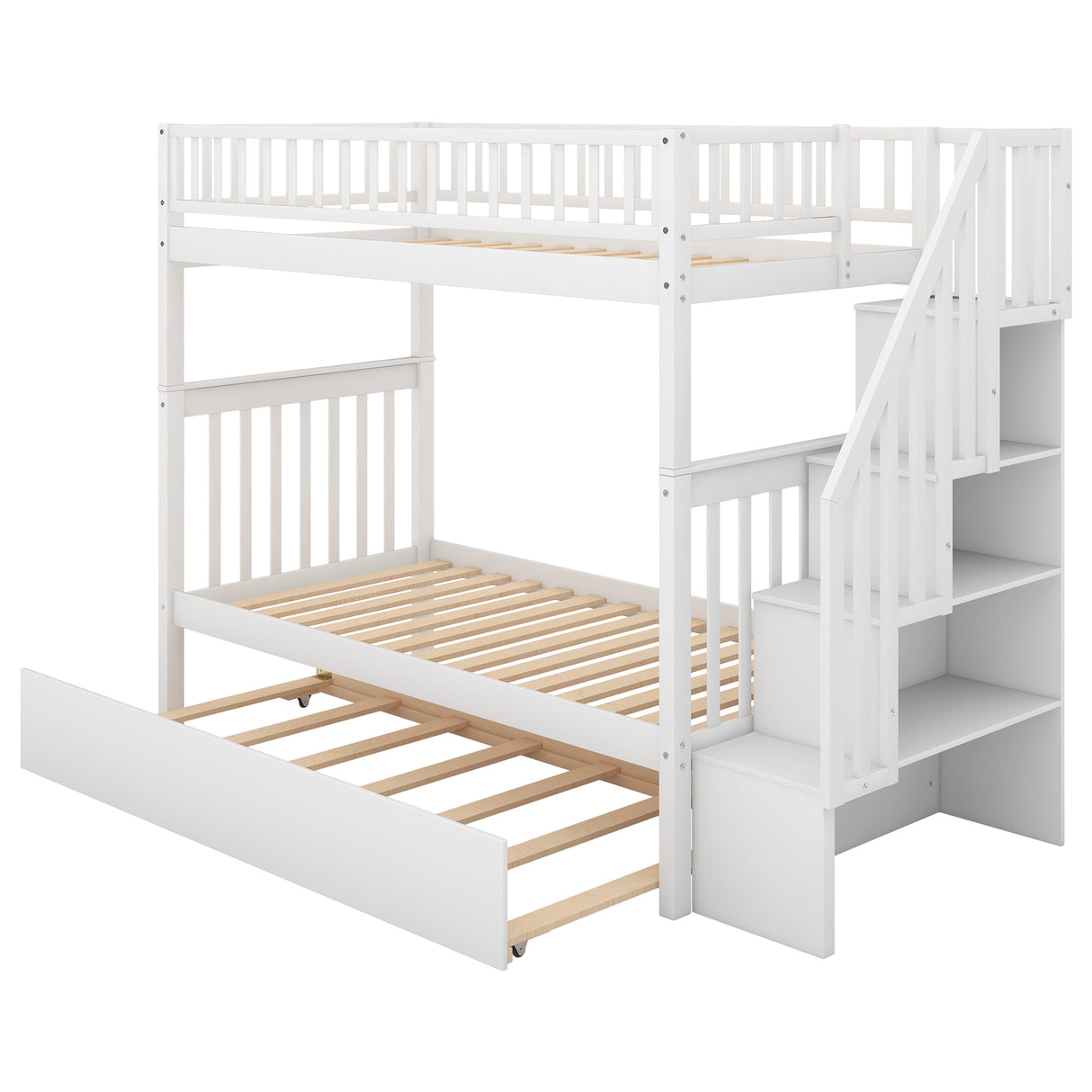 Twin over Twin Bunk Bed with Trundle and Storage White