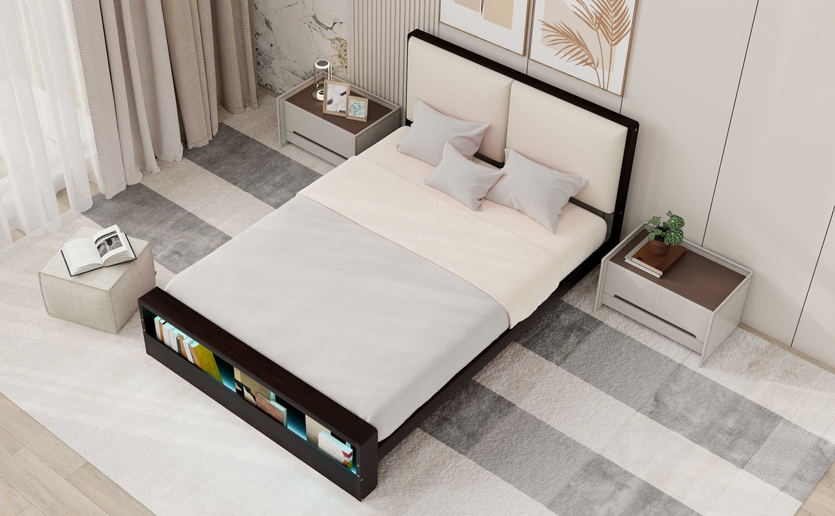 Queen Size Platform Bed Frame with Upholstery Headboard and Bookshelf in Footboard and LED Light Strips, Espresso - V.I.P Digital Presence
