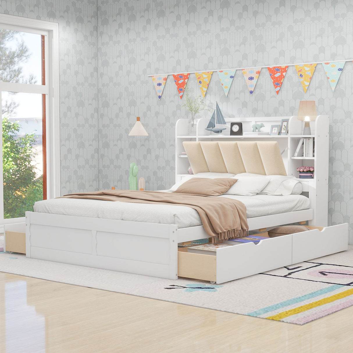 Wood Queen Size Platform Bed with Storage Headboard Shelves and 4 Drawers White
