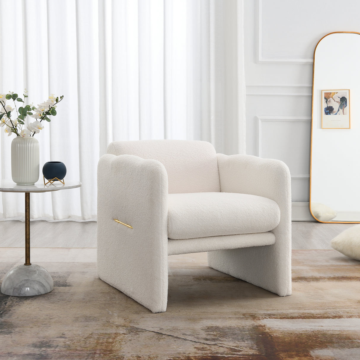 Armchair with wavy armrests, metal decorations on both sides of the armrests, made of Teddy cloth, white - V.I.P Digital Presence