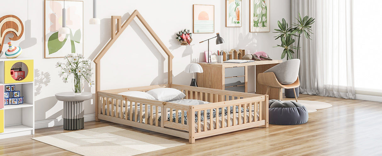 Full House-Shaped Headboard Floor Bed with Fence Natural - V.I.P Digital Presence