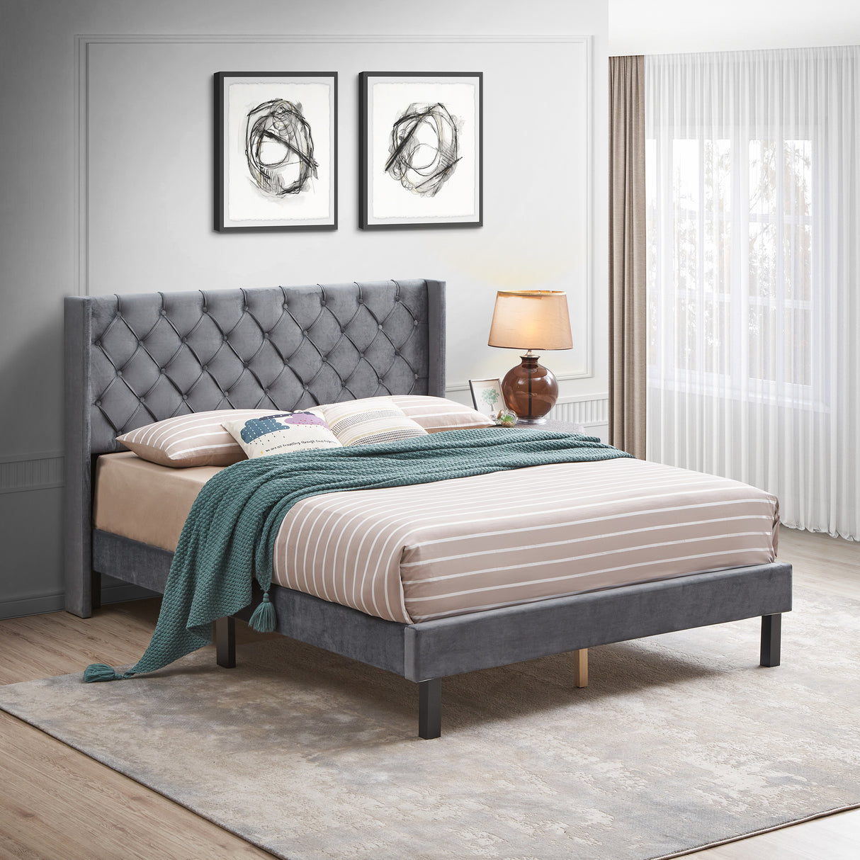 Velvet Button Tufted-Upholstered Bed with Wings Design - Strong Wood Slat Support - Easy Assembly - Gray Queen platform bed - V.I.P Digital Presence