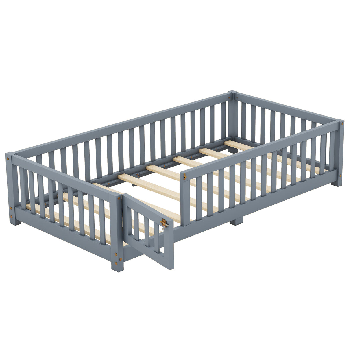 Twin Size Bed Floor Bed with Safety Guardrails and Door for Kids, Gray - V.I.P Digital Presence