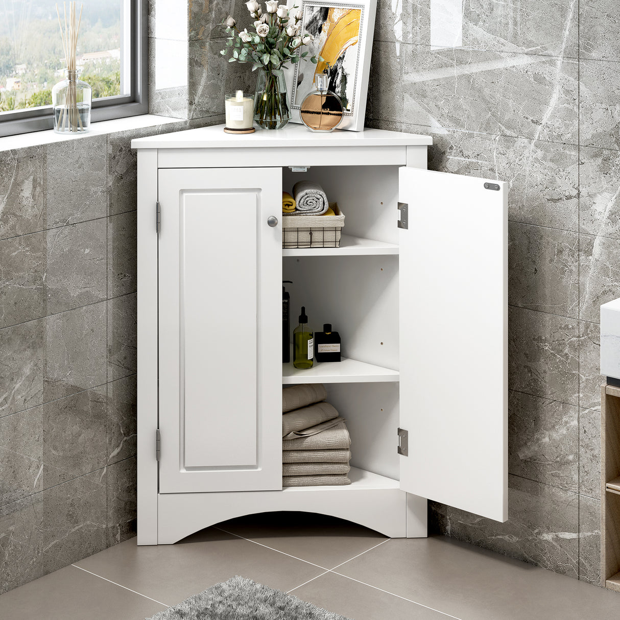 White Triangle Bathroom Storage Cabinet with Adjustable Shelves, Freestanding Floor Cabinet for Home Kitchen - V.I.P Digital Presence