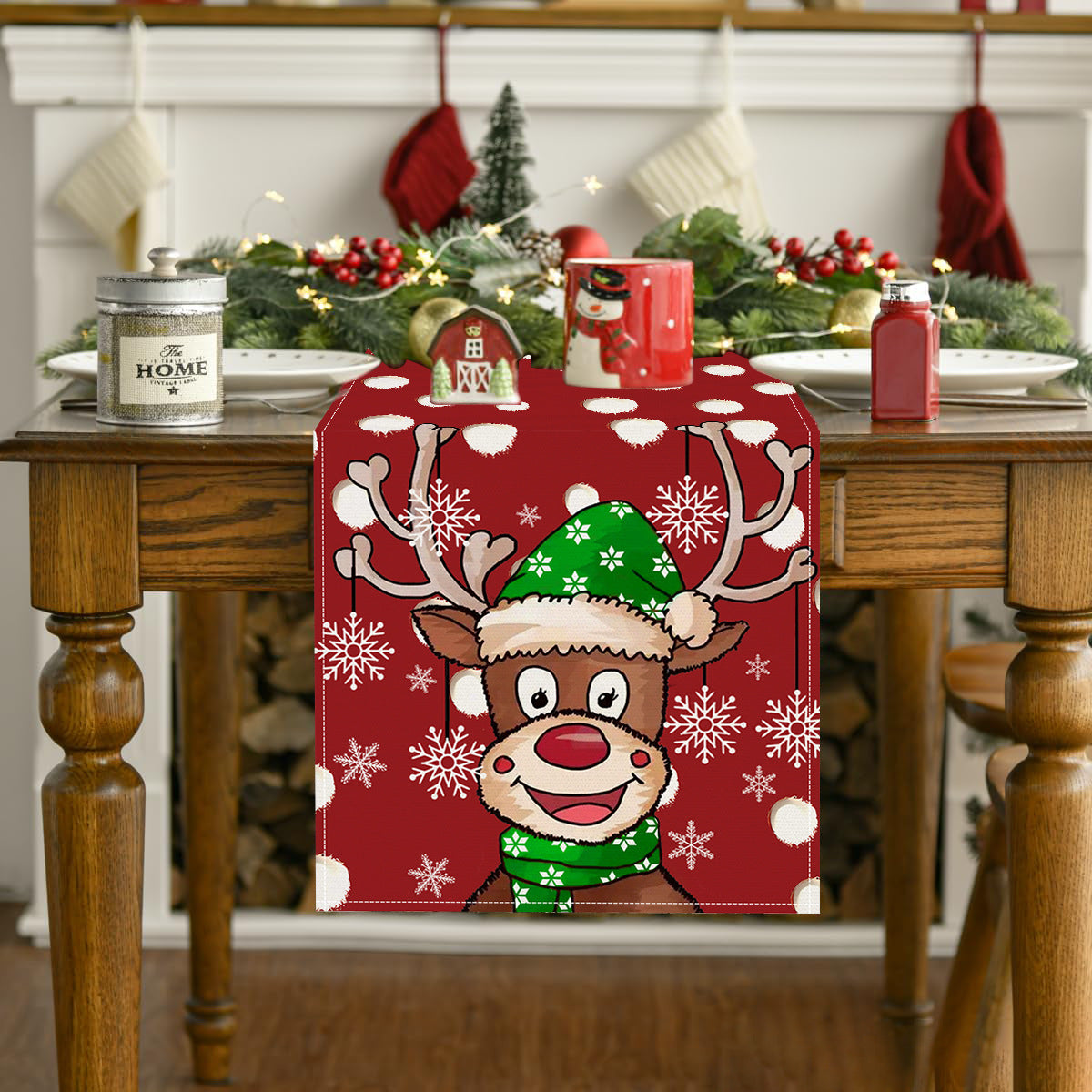 Christmas cartoon reindeer table flag Christmas snowflakes polka dot linen tablecloth kitchen table decoration tablecloth mat - V.I.P Digital Presence