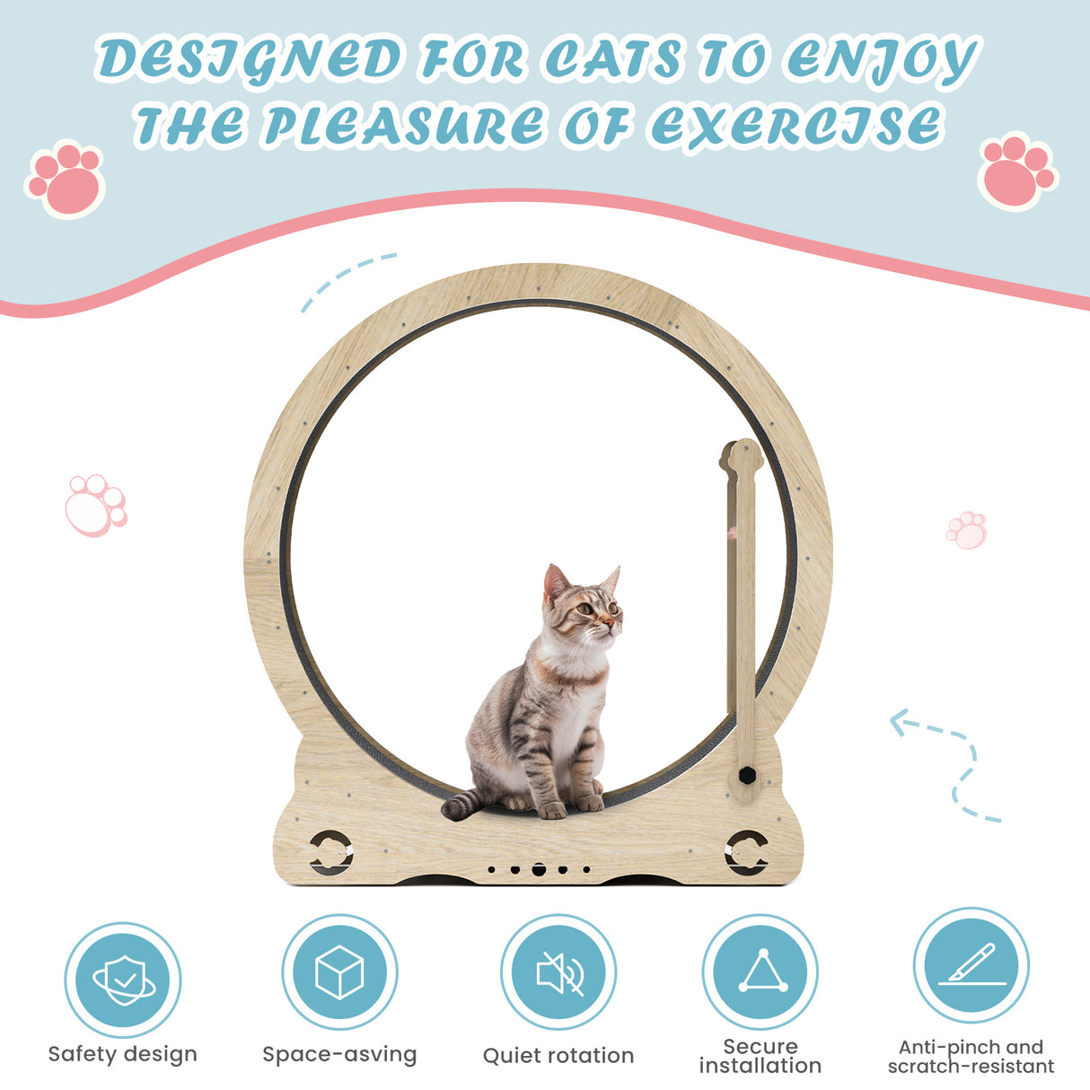 Indoor cat treadmill with carpet, tear device and latch natural wood, 39.4 inches long x 13.2 inches wide x 41.3 inches high - V.I.P Digital Presence