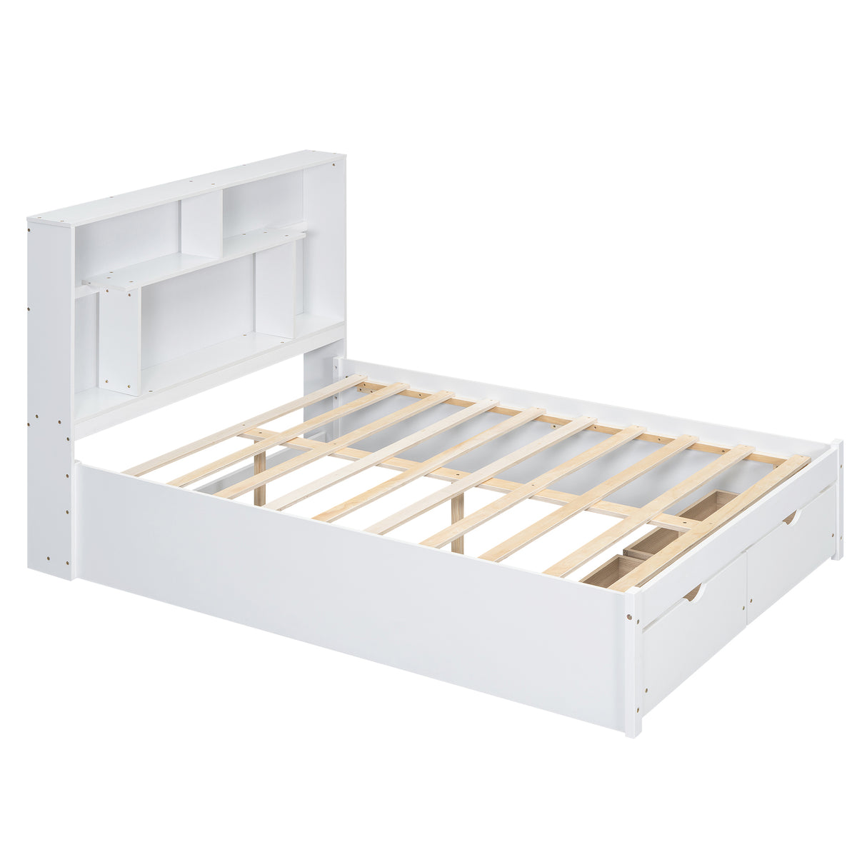 Full Size Platform Bed with Storage Headboard and 2 Drawers, White - V.I.P Digital Presence