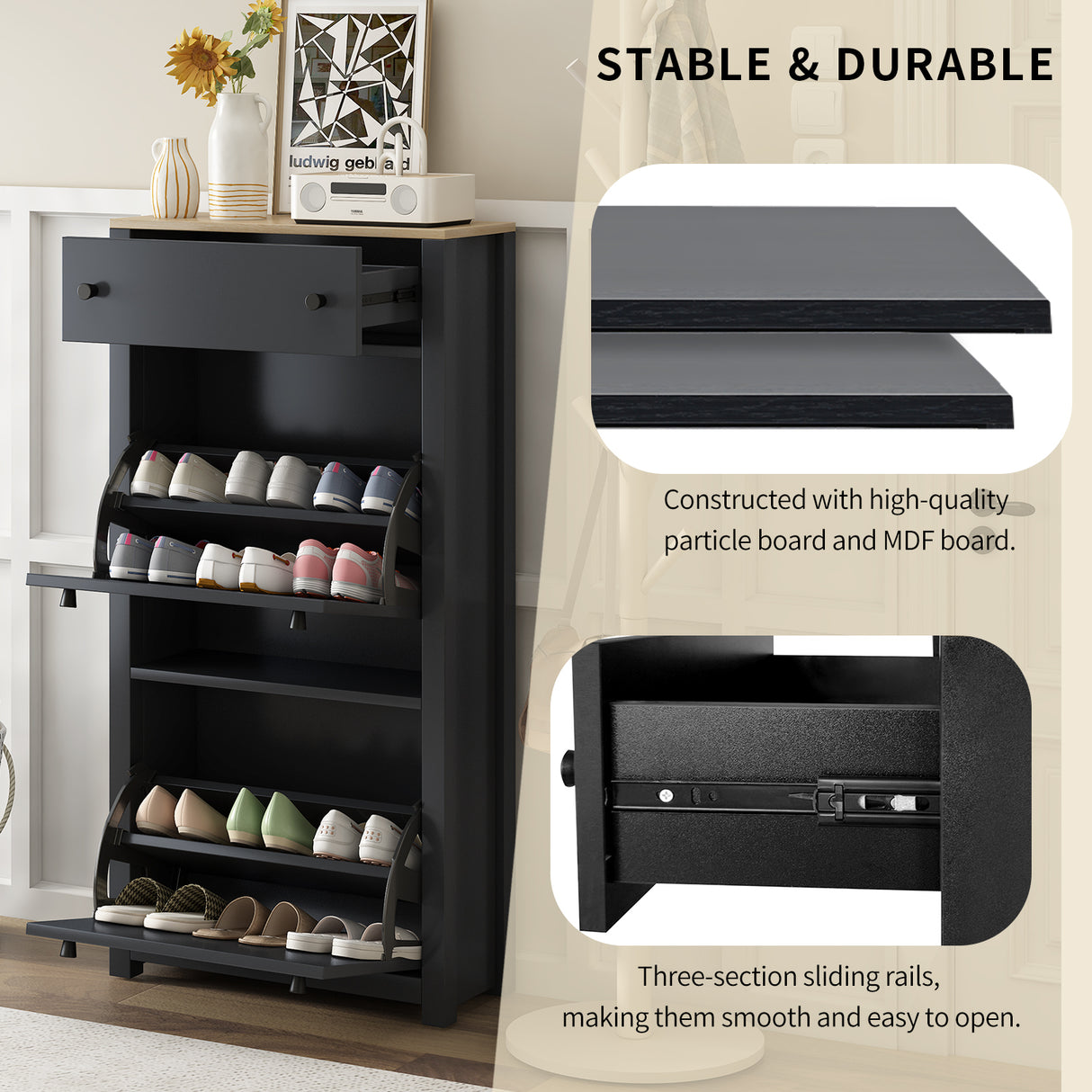 ONTREND with 2 flip drawers, top shoe cabinet with drawers, independent shoe rack with adjustable panel, for hallway use, black - V.I.P Digital Presence