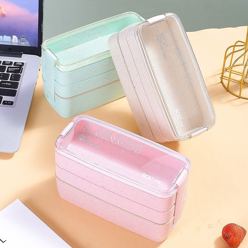 Wheat straw lunch box office portable three-layer lunch box square sealed bento box divided student lunch box - V.I.P Digital Presence