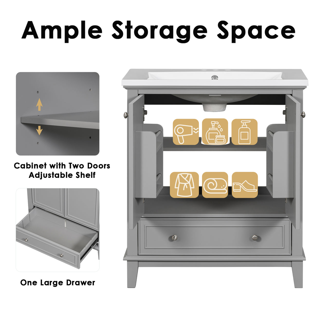 30inchgrey Bathroom Vanity with Sink ComboMulti-functional Bathroom Cabinet with Doors and Drawer Solid Frame and MDF Board - V.I.P Digital Presence
