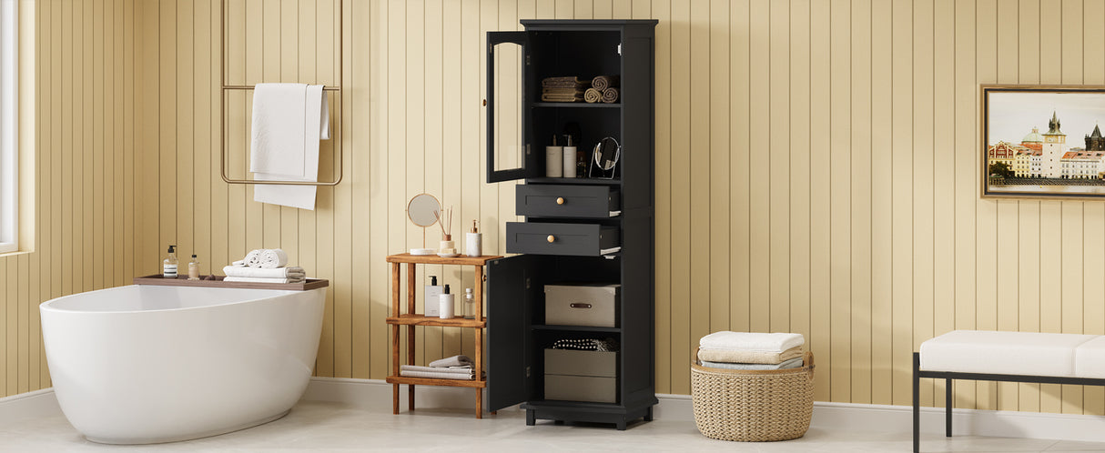 Tall Bathroom Storage Cabinet with Glass Doors, Free-Standing, Two Drawers, and Adjustable Shelves, MDF Board, Painted Black - V.I.P Digital Presence