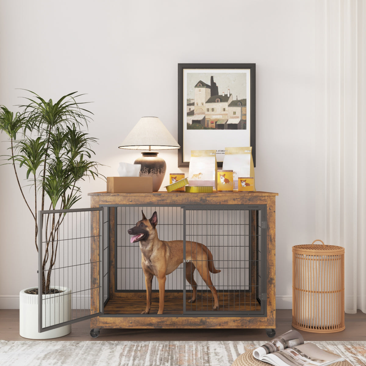 Furniture Style Dog Crate Side Table on Wheels with Double Doors and Lift Top. Rustic Brown, 43.7'' W x 30'' D x 31.1'' H. - V.I.P Digital Presence