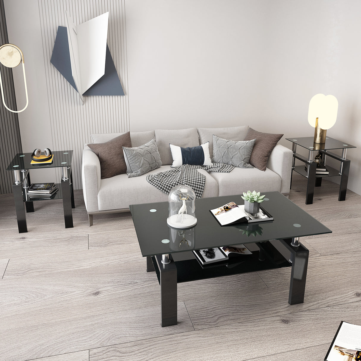 Set of 2, Modern Tempered Glass Tea Table Coffee Table End Table, Square Table for Living Room, Black - V.I.P Digital Presence