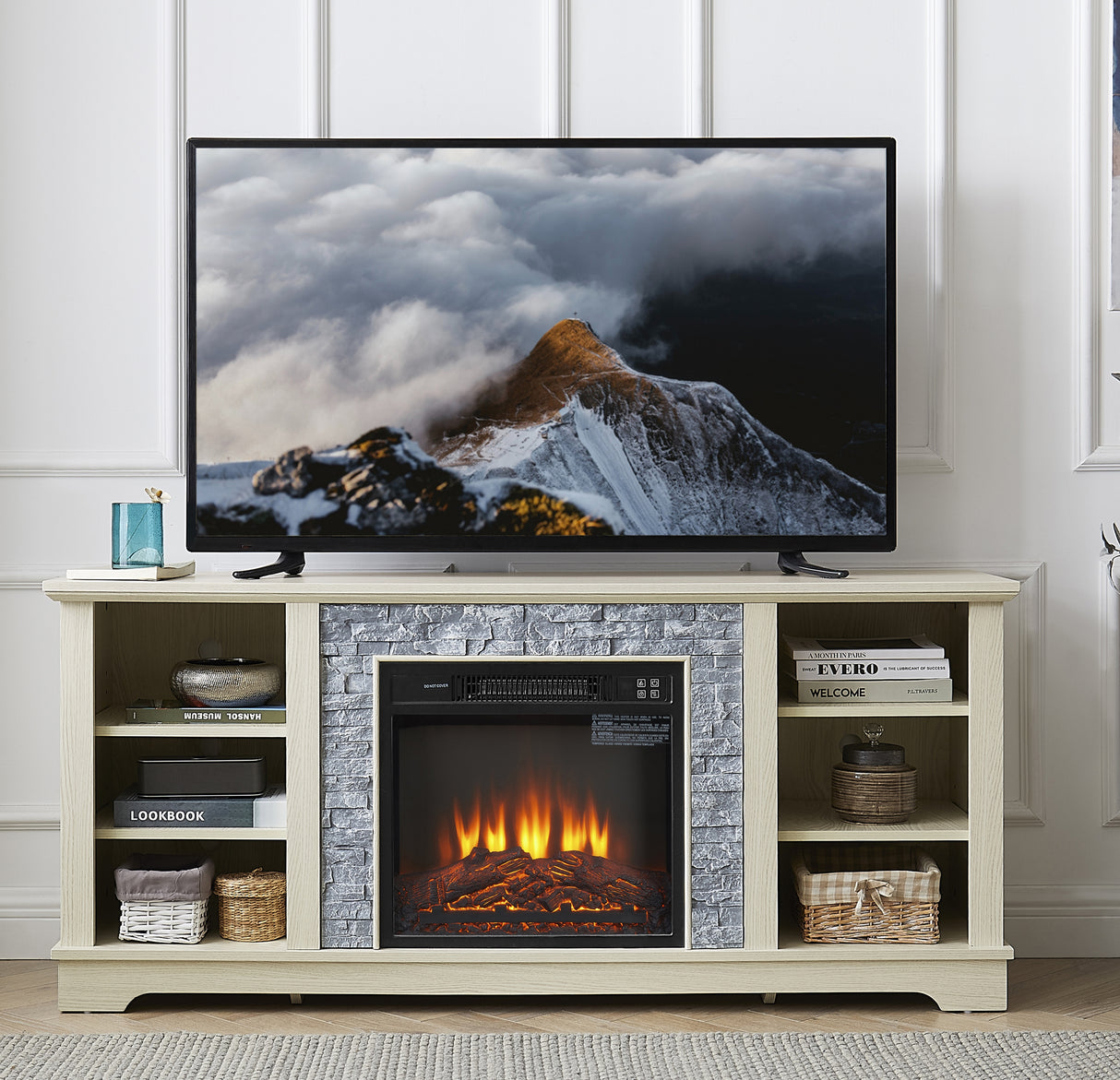 Mantel electric fireplace stone TV media stand, open storage console space, with 18 inch fireplace insert, white - V.I.P Digital Presence