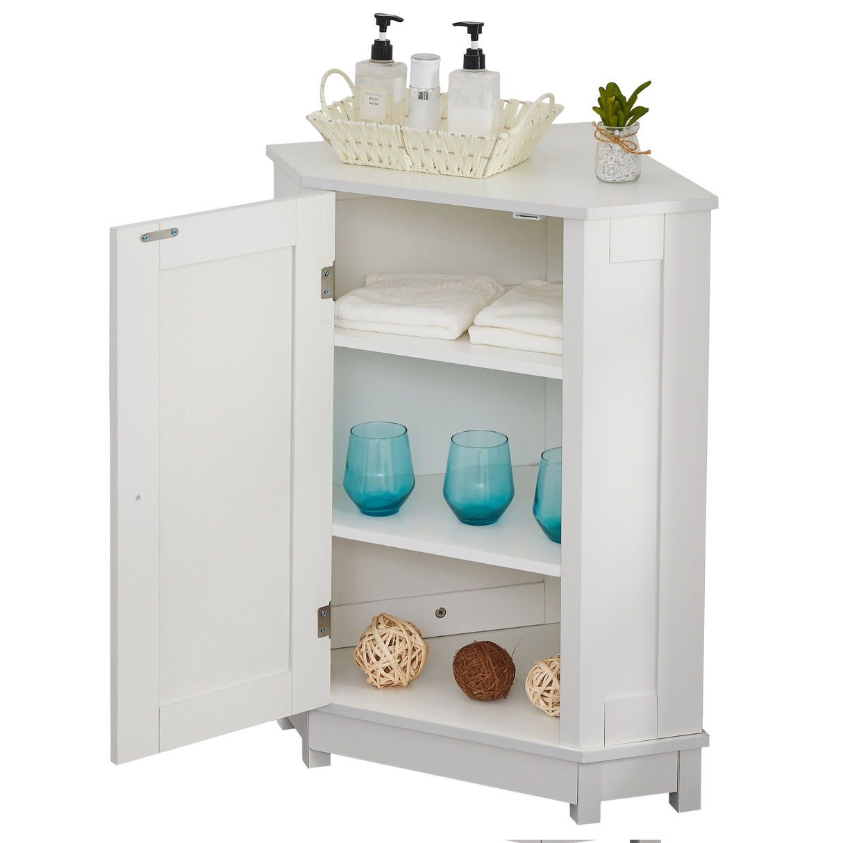 White Bathroom Cabinet Triangle Corner Storage Cabinet with Adjustable Shelf Modern Style MDF Board - V.I.P Digital Presence