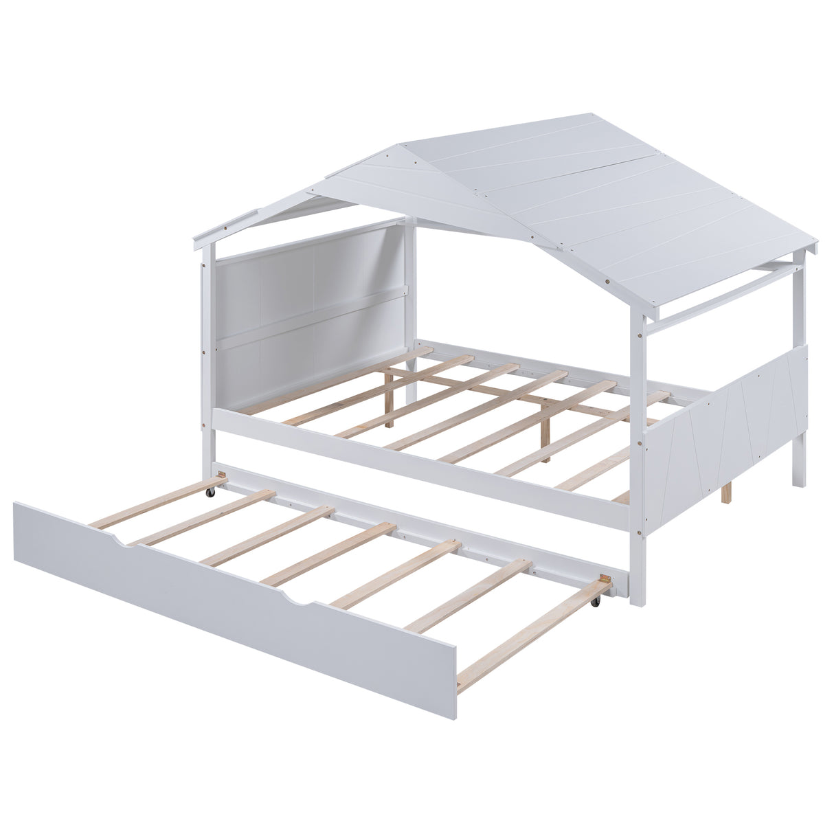 Wood Full Size House Bed with Twin Size Trundle and Storage White