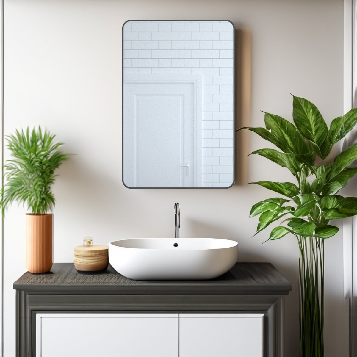 24x36 inch aluminum frame round rectangular bathroom wall mirror, matte black rust proof, tempered glass mirror - V.I.P Digital Presence