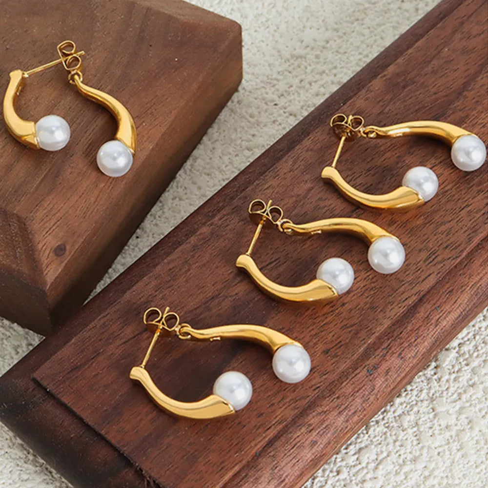 Elegant split design with high gloss pearl inlay simple titanium steel gold-plated earrings - V.I.P Digital Presence