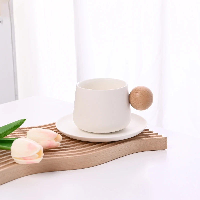 Ceramic Coffee Cup and Saucer Set Espresso Cups Light Luxury Wooden Handle Afternoon Tea Mug Female Original Mugs Couple Gifts - V.I.P Digital Presence
