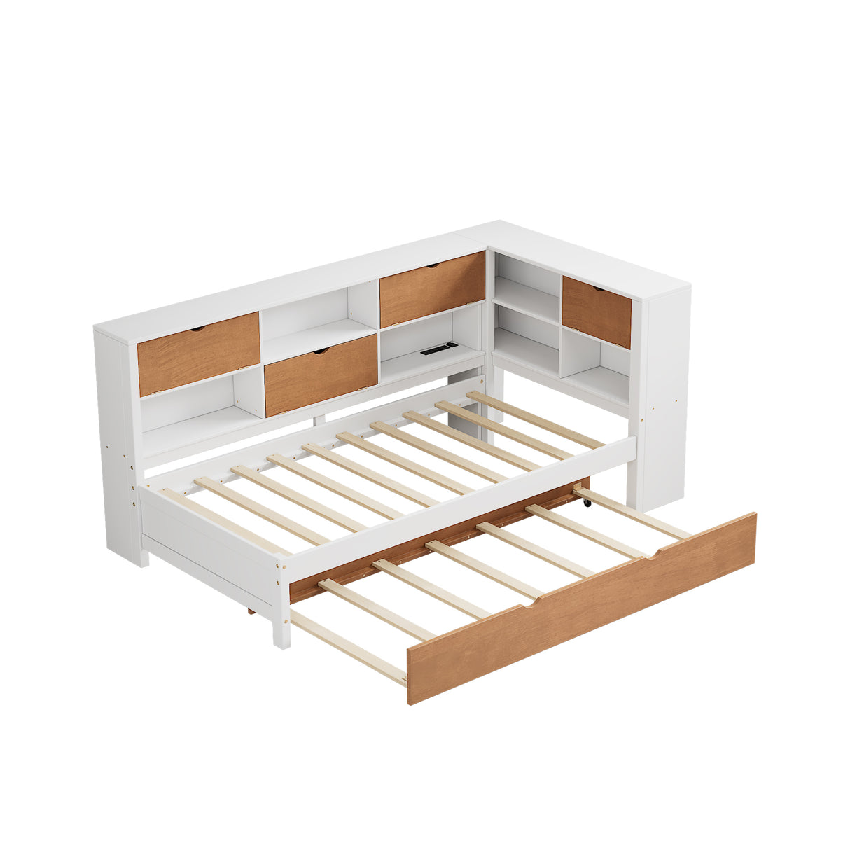 L-shaped bed frame with luggage and bookshelf, corner bed wooden captain's bed LED tube light and USB port walnut and white - V.I.P Digital Presence