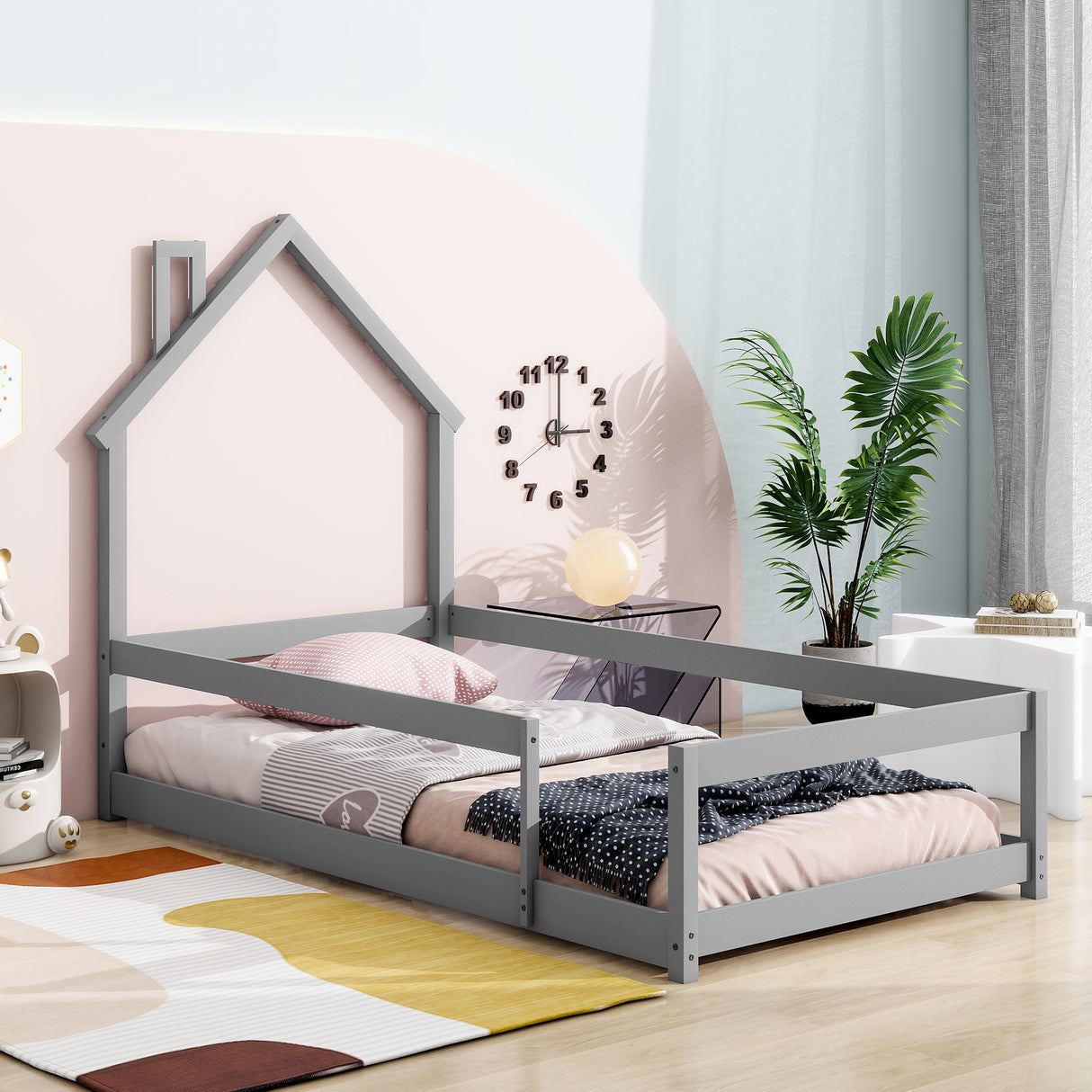 Twin Size Wood bed with House-shaped Headboard Floor bed with Fences,Grey - V.I.P Digital Presence