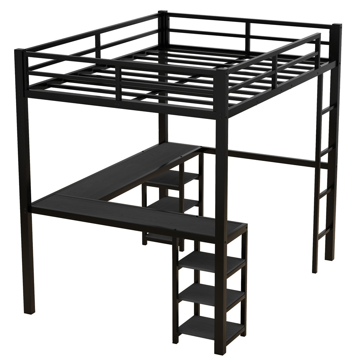 All metal loft bed with desk and shelf, loft bed with ladder and guardrail, black with black desk - V.I.P Digital Presence