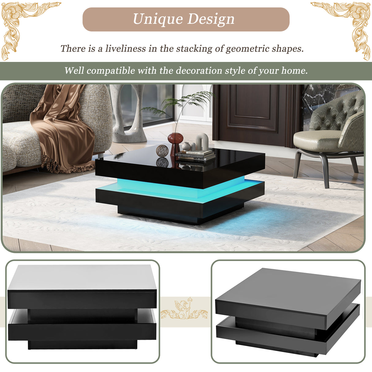ON-TREND High Gloss Minimalist Design with LED Lights 2-Tier Square Coffee Table Black