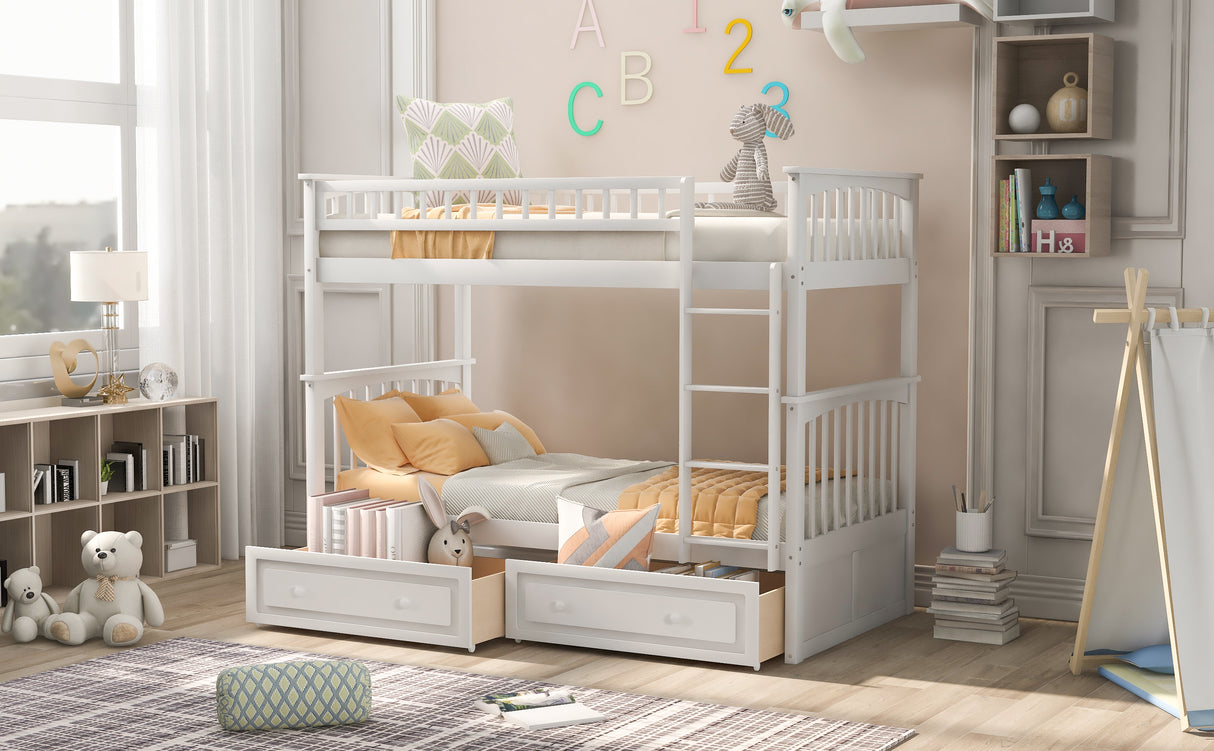 Twin over Twin Bunk Bed with Drawers Convertible Beds White