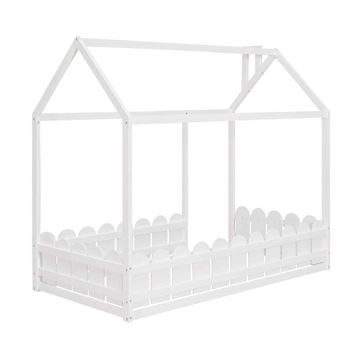 {Slats are not included}Twin Size Wood Bed House Bed Frame with Fence for KidsTeens Girls Boys {White}