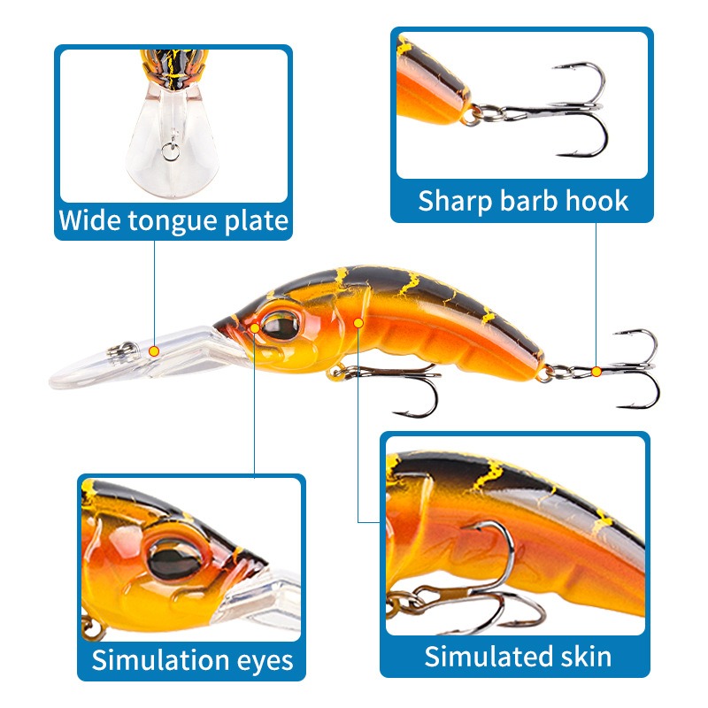 Wide Tongue Deep Dive ABS Rock Mino 10.4cm 14.5g Bead+Enhanced Three Hook Simulated Worm shaped Fake Bait