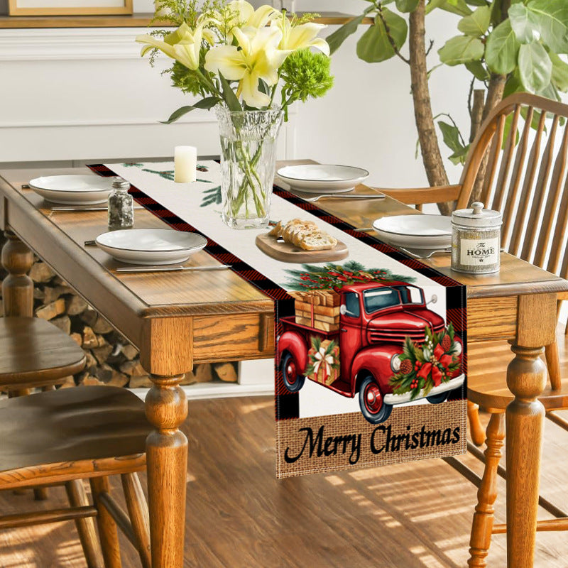 Red car printed table flag Christmas red black checkered linen living room decoration tablecloth - V.I.P Digital Presence