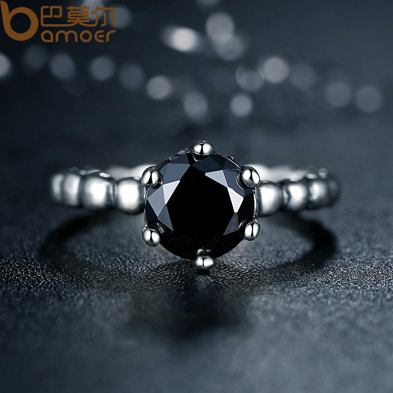BAMOER Finger Ring with Black Cubic Zirconia Wedding Jewelry PA7205 - V.I.P Digital Presence