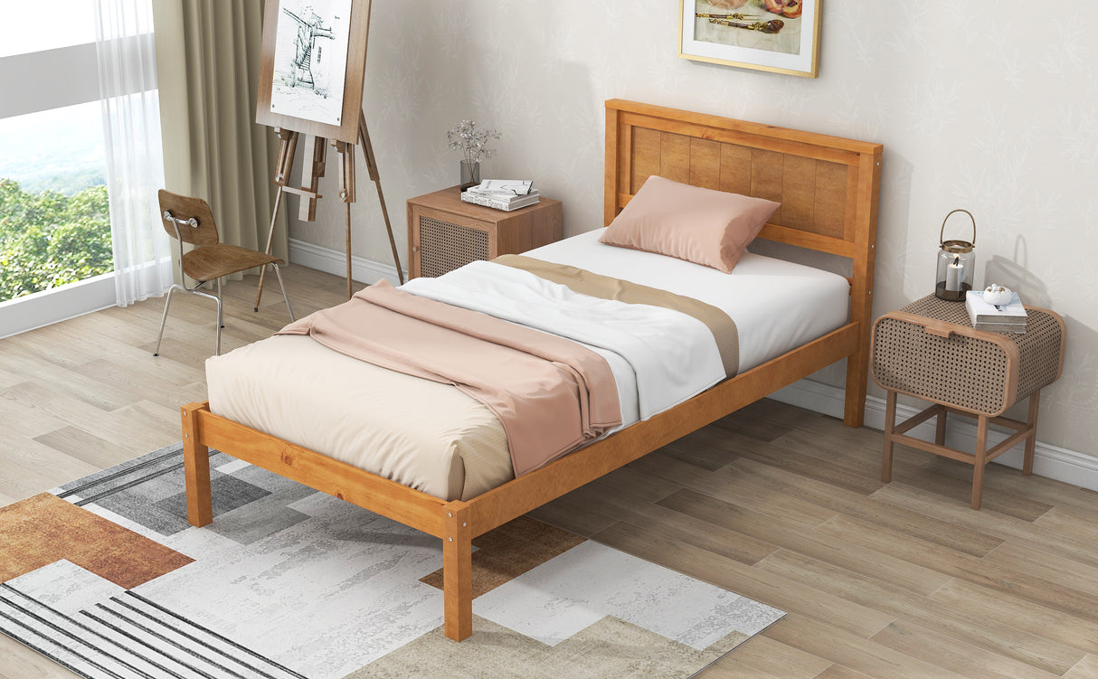 Platform Bed Frame with Headboard Wood Slat Support No Box Spring Needed Twin Oak