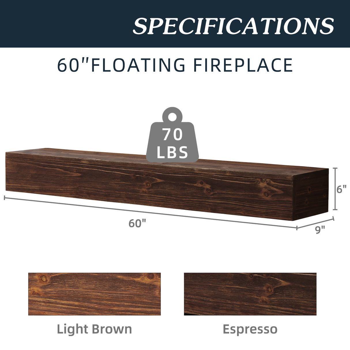 60" Rustic Wood Fireplace Mantel,Wall-Mounted & Floating Shelf for Home Decor Espresso + Solid Wood