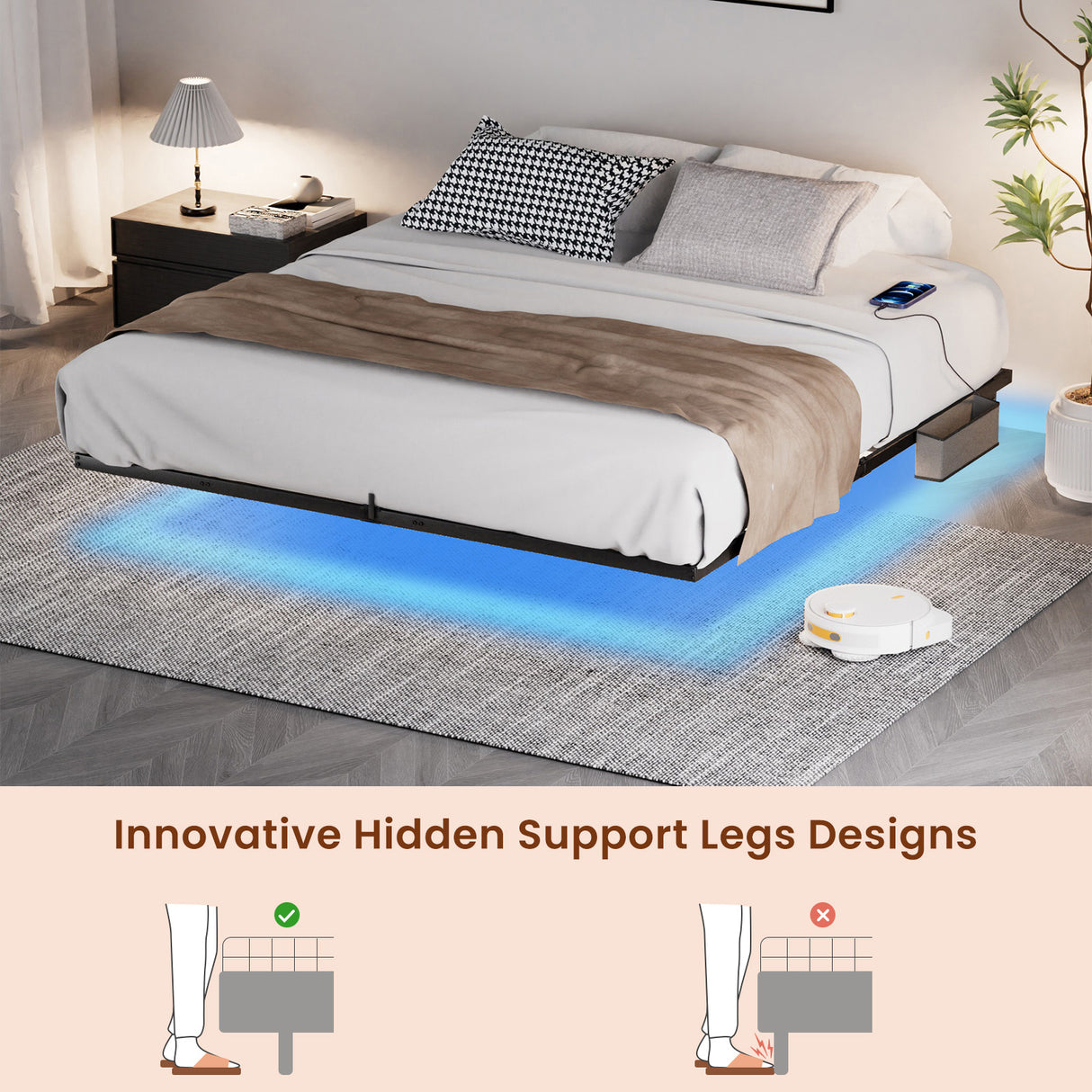 Floating Bed Frame King Size with LED Lights & charging station, Metal Platform Queen Bed, 79.9'' L x 76.2'' W x 7.9'' H. - V.I.P Digital Presence